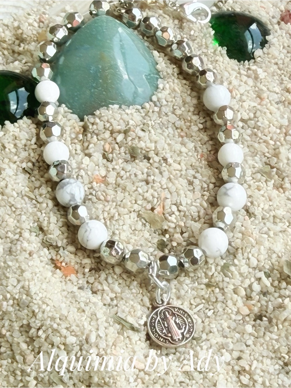 White howlite and Silver Beaded Bracelet with Saint Charm
